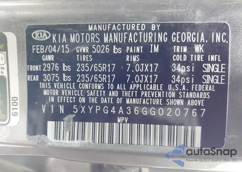 2016 Kia Sorento 2.4L L from USA, damaged, VIN 5XYPG4A36GG020767